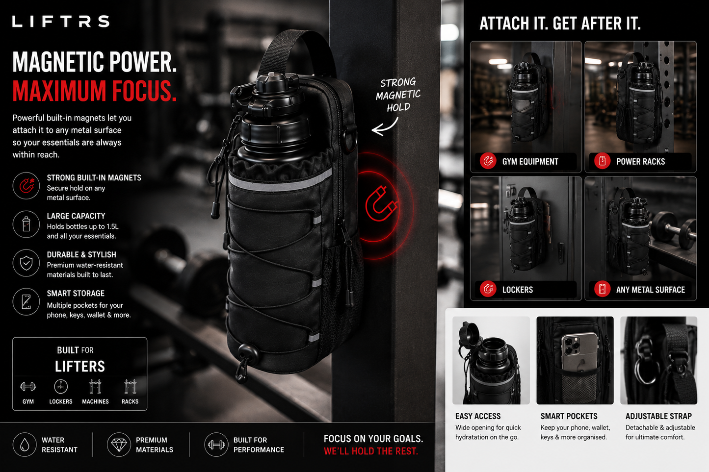 LIFTRS Magnetic Gym Bag – Hands-Free Bottle Holder & Smart Storage (Built for Lifters)